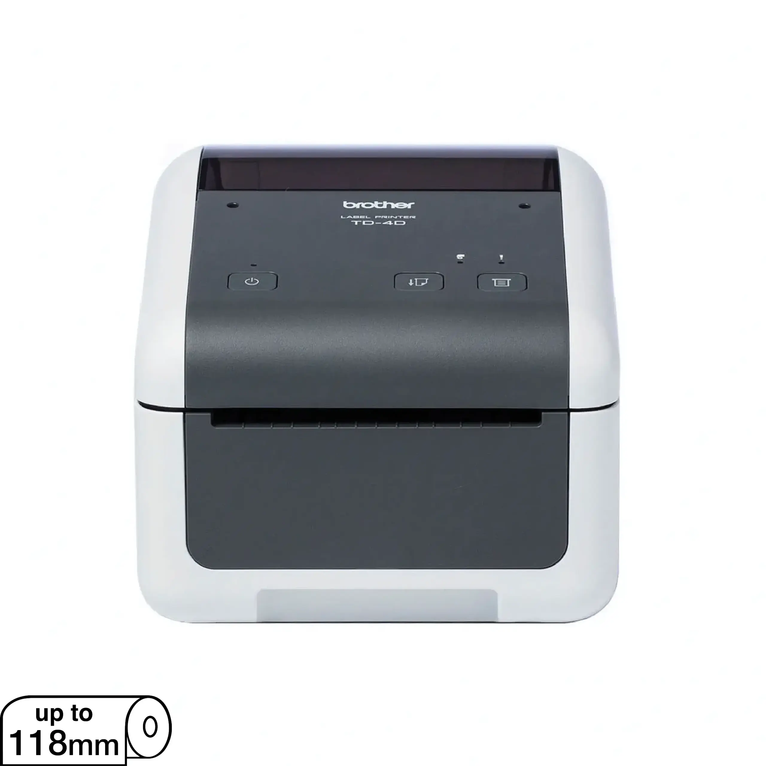 Front angled view of the Brother TD-4410D desktop direct thermal label printer on white background.