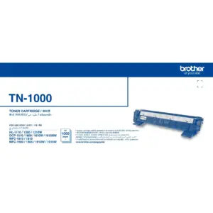 Specification detail graphic showing the Brother TN-1000 toner cartridge with page yield information.