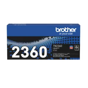 Front packaging box of genuine Brother TN-2360 standard yield black toner cartridge on white backdrop.