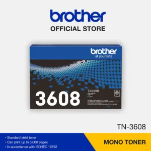 Official retail packaging box of the Brother TN-3608 black toner cartridge on white background.