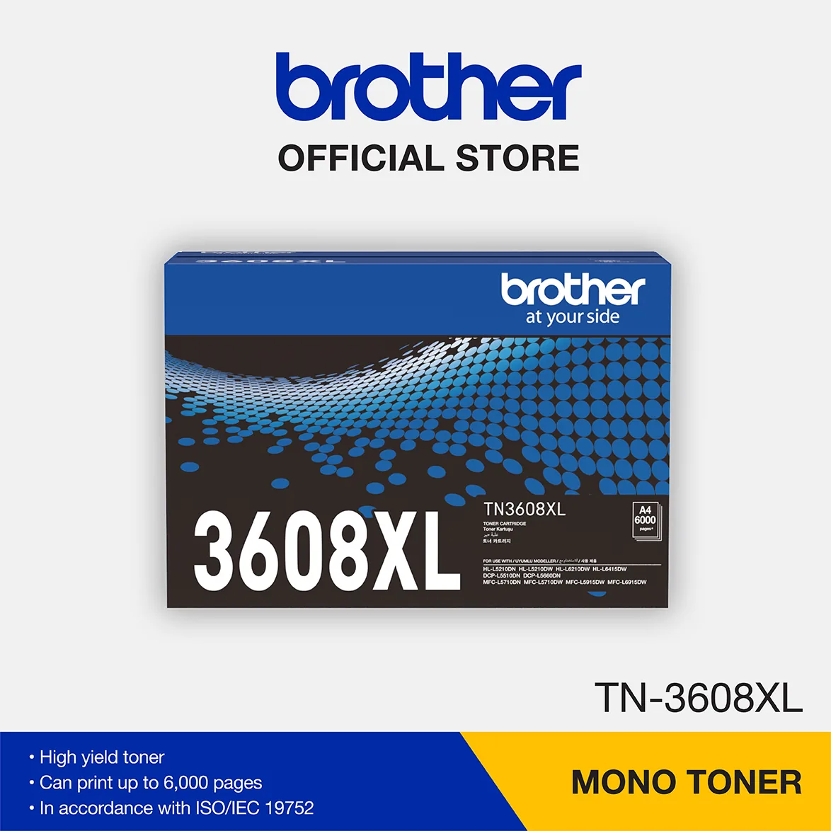 Brother TN-3608XL high-yield black toner cartridge retail packaging box shown on a white background