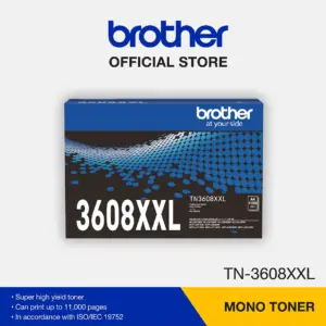 Retail packaging box for the Brother TN-3608XXL black toner cartridge on a plain white background.