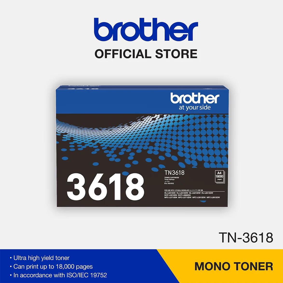 Retail packaging box of the Brother TN-3618 black toner cartridge on a plain white background