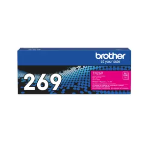 Retail packaging box of the Brother TN269M magenta toner cartridge against a plain white background.