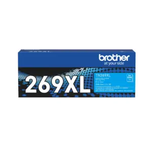 Official product box packaging for the Brother TN269XLC cyan high-capacity toner cartridge on white background