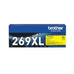 Packaging box of the genuine Brother TN269XLY high-capacity yellow toner cartridge on white background.