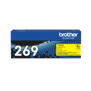 Brother TN269Y yellow toner cartridge product packaging box displayed upright against a plain white background