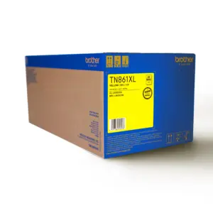 Official retail box packaging for the Brother TN861XLY yellow high capacity toner cartridge on white.