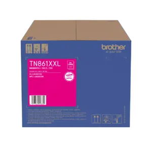 Official retail box packaging for the Brother TN861XXLM magenta toner cartridge on a white background.