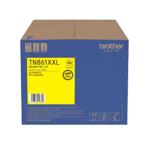 Retail box of genuine Brother TN861XXLY super high capacity yellow toner on white background