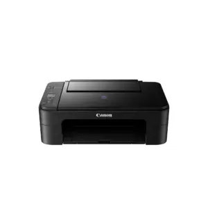 Front view of black Canon PIXMA E3370 all-in-one wireless inkjet printer on white background.