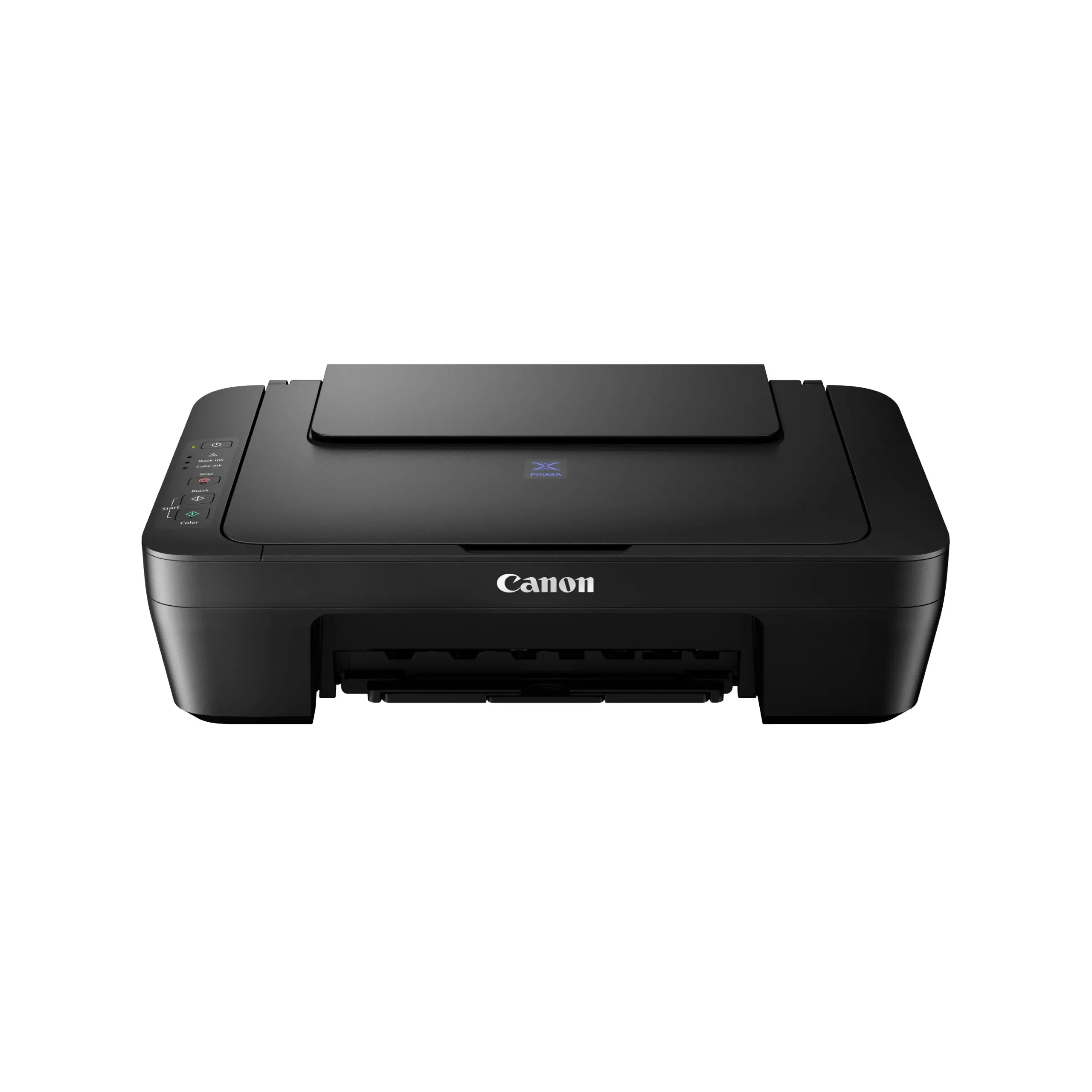 Black Canon PIXMA E410 all-in-one inkjet printer shown closed on a plain white background.