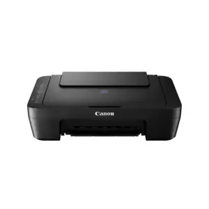 Front view of black Canon PIXMA E470 all-in-one inkjet printer on a clean white background