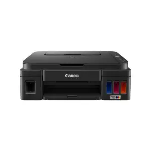 Front angle view of the Canon PIXMA G2010 all-in-one printer showing integrated ink tanks.