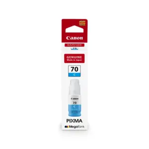 Canon GI-70 C cyan ink bottle for PIXMA G5070, G6070, and G7070 inkjet printers.