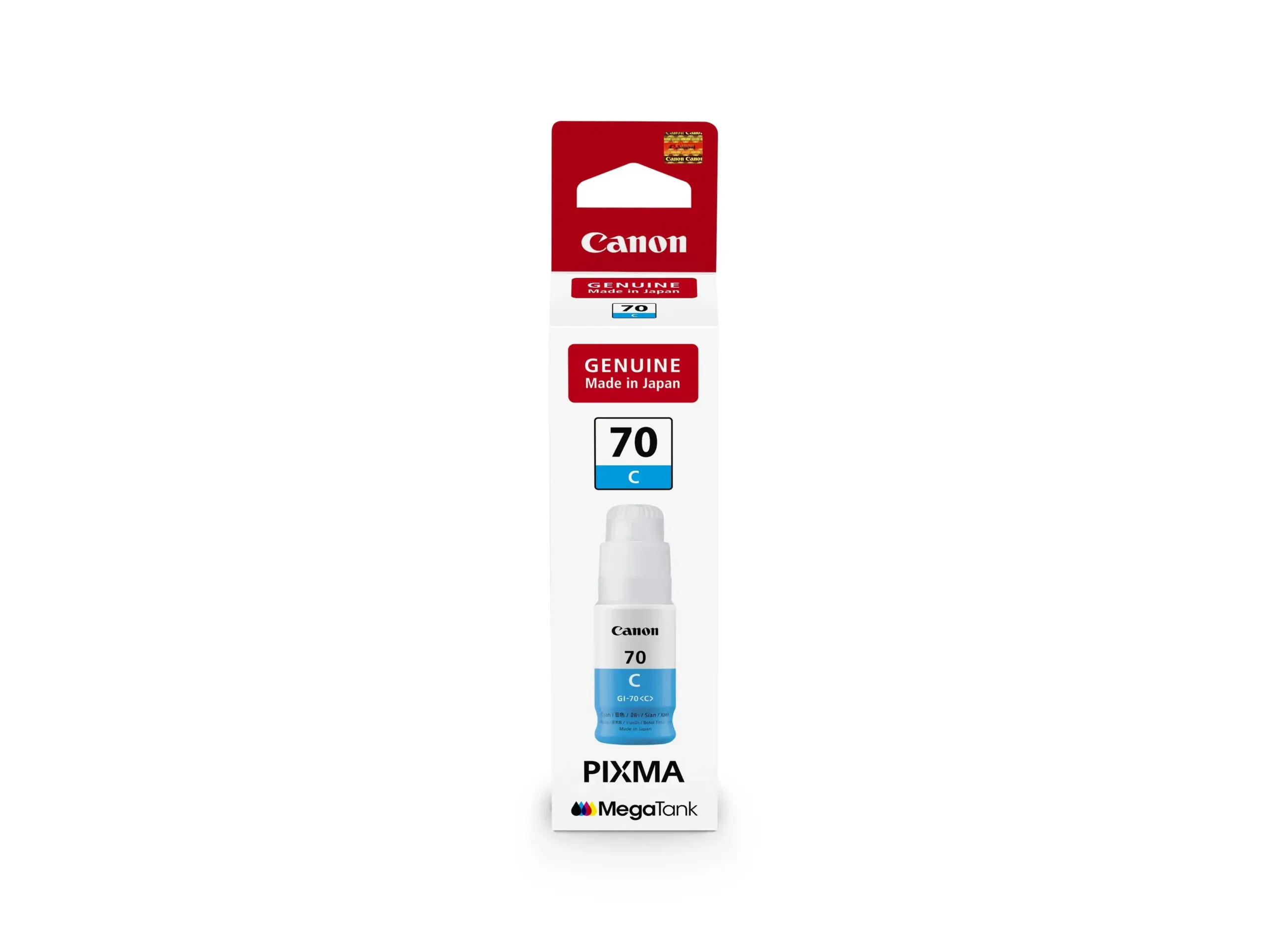 Canon GI-70 C cyan ink bottle for PIXMA G5070, G6070, and G7070 inkjet printers.