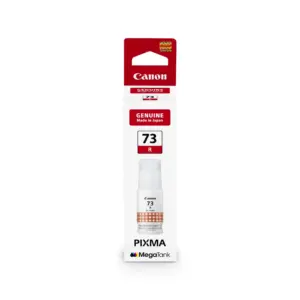 Front view of the Canon GI-73 R red ink bottle for compatible PIXMA printers.