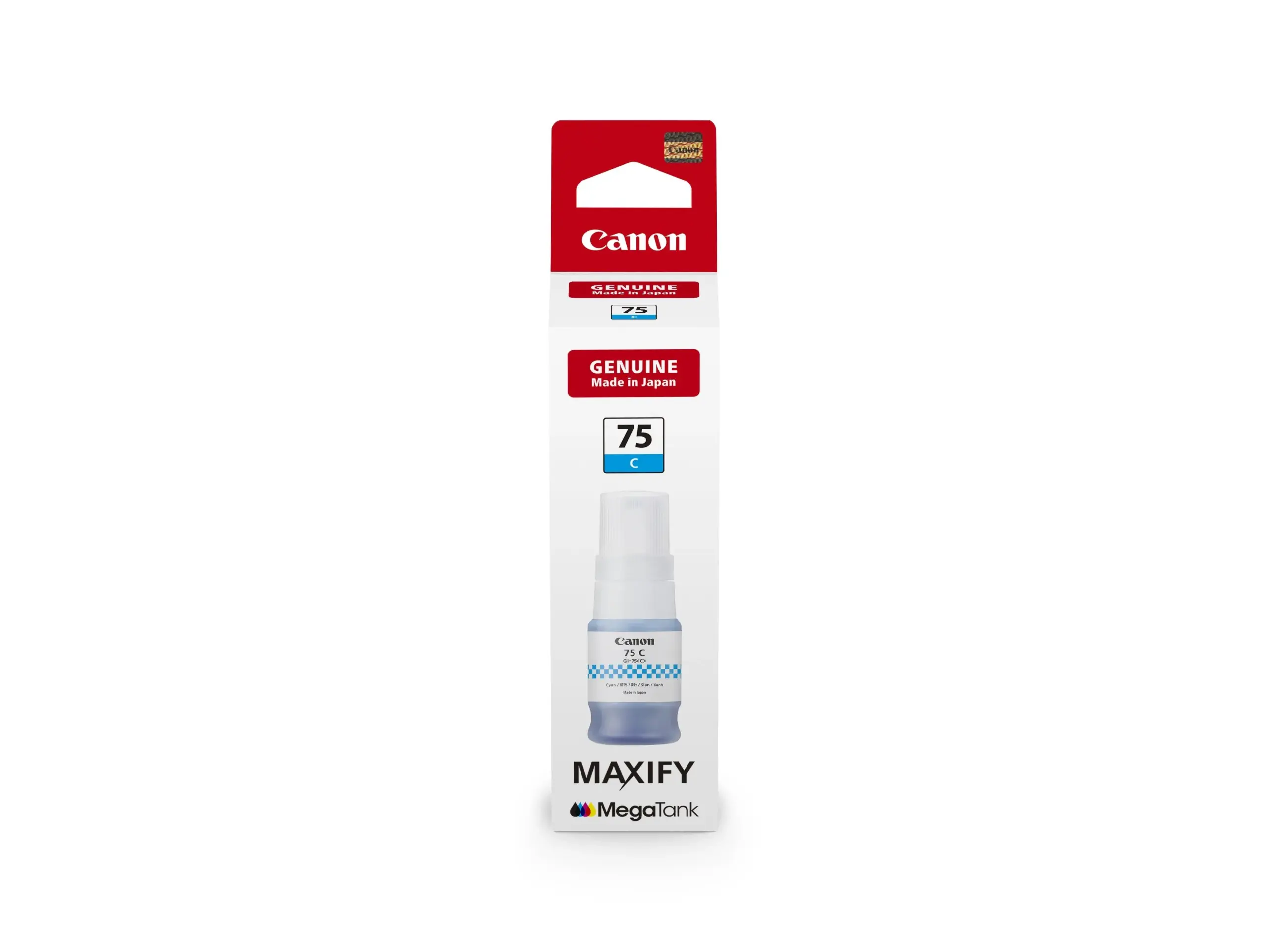 Canon GI-75 C cyan pigment ink bottle front view for MAXIFY printers