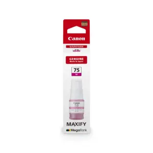 Front view of the Canon GI-75 M magenta pigment ink bottle for MAXIFY inkjet printers.