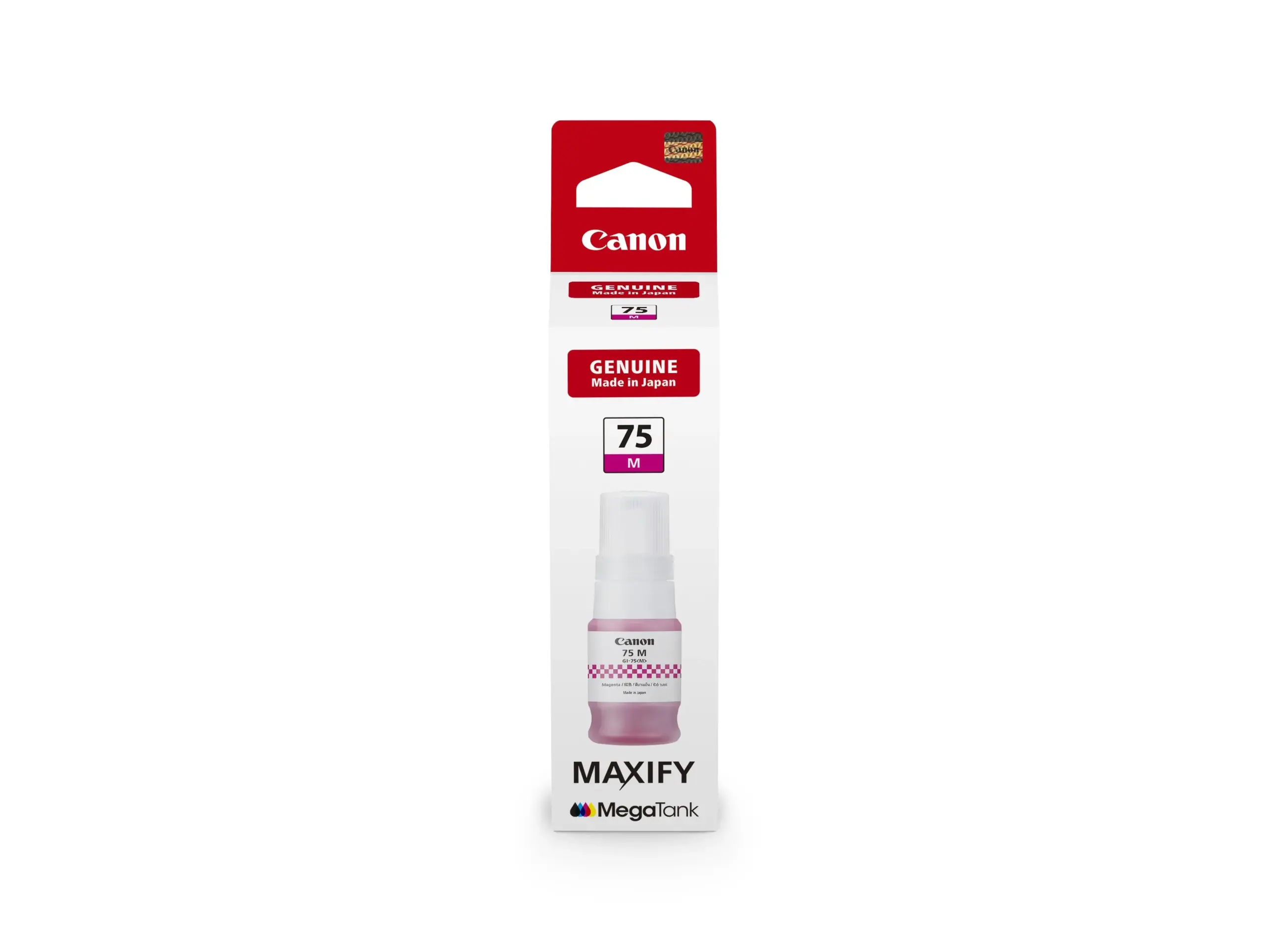 Front view of the Canon GI-75 M magenta pigment ink bottle for MAXIFY inkjet printers.