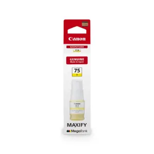 Front view of the Canon GI-75 Y yellow pigment ink bottle for MAXIFY printers.
