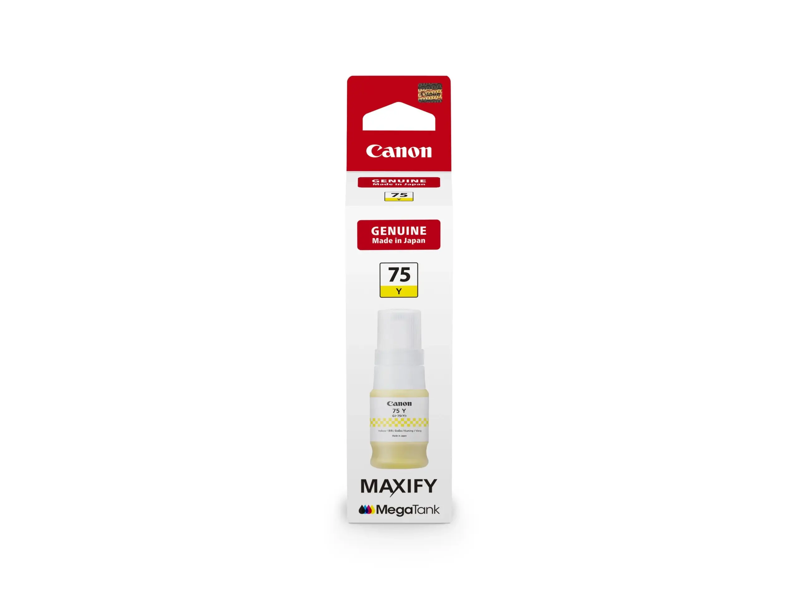 Front view of the Canon GI-75 Y yellow pigment ink bottle for MAXIFY printers.