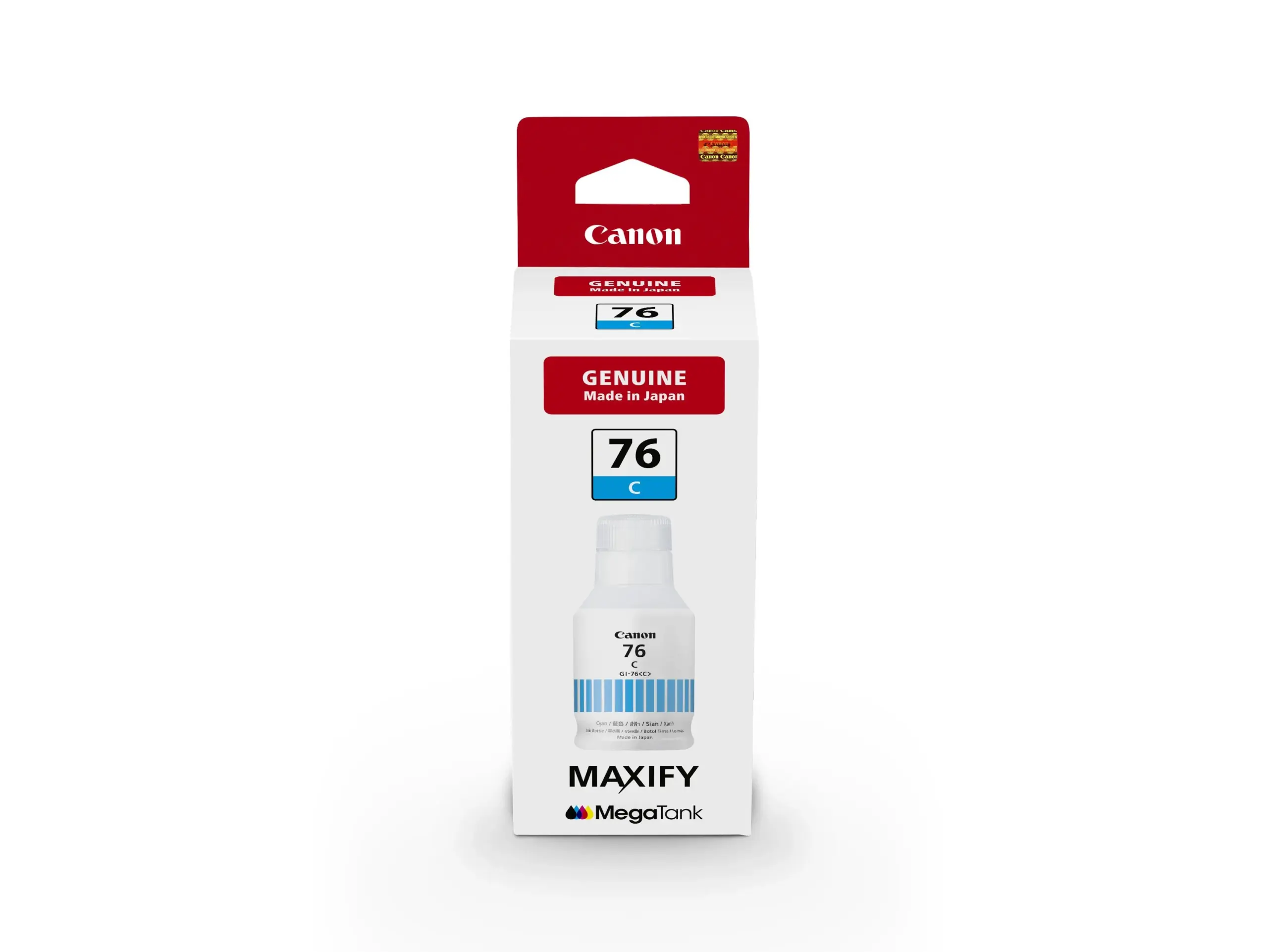 Front view of Canon GI-76 C cyan ink bottle for MAXIFY inkjet printers.