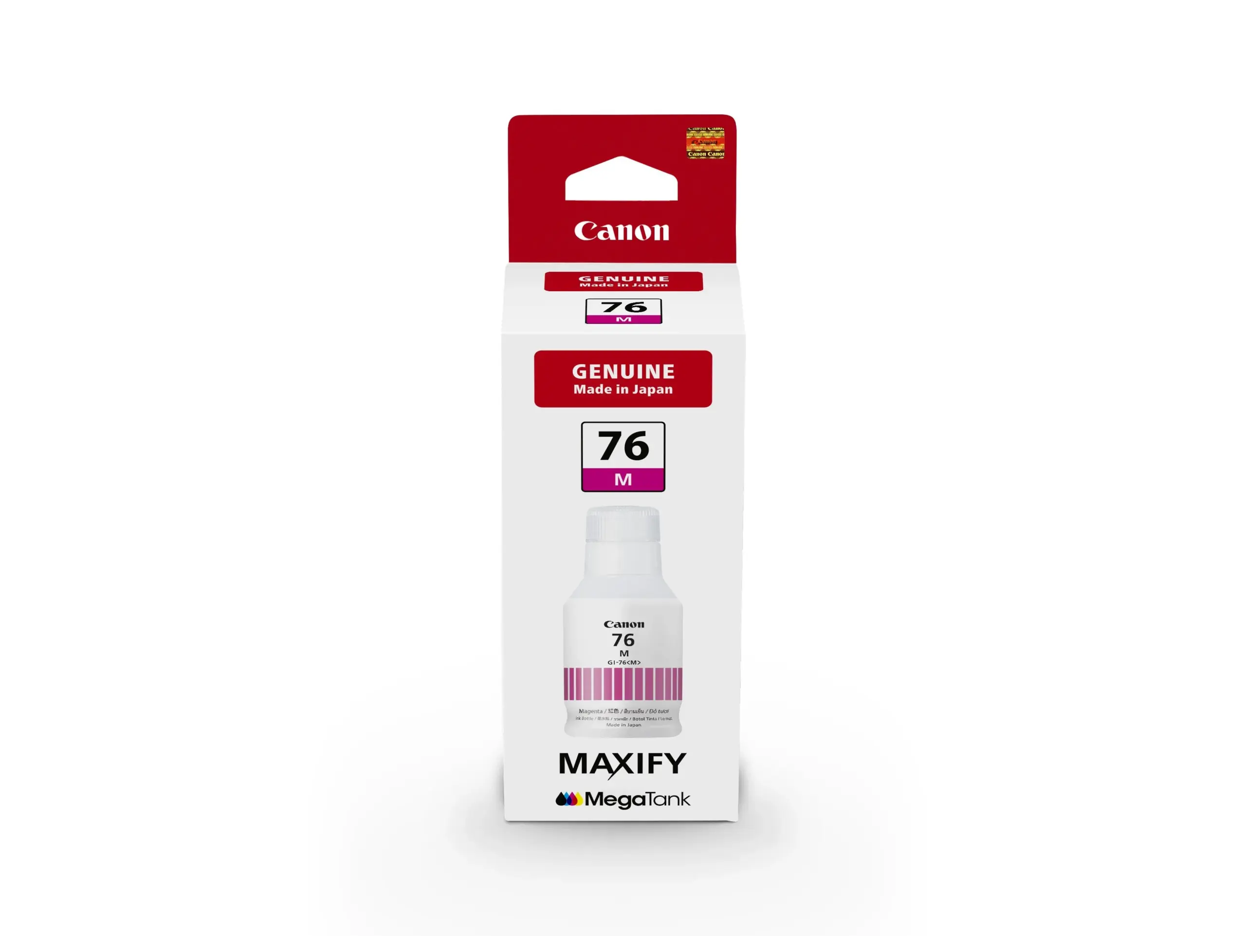 Front view of the Canon GI-76 M magenta ink bottle for MAXIFY inkjet printers.