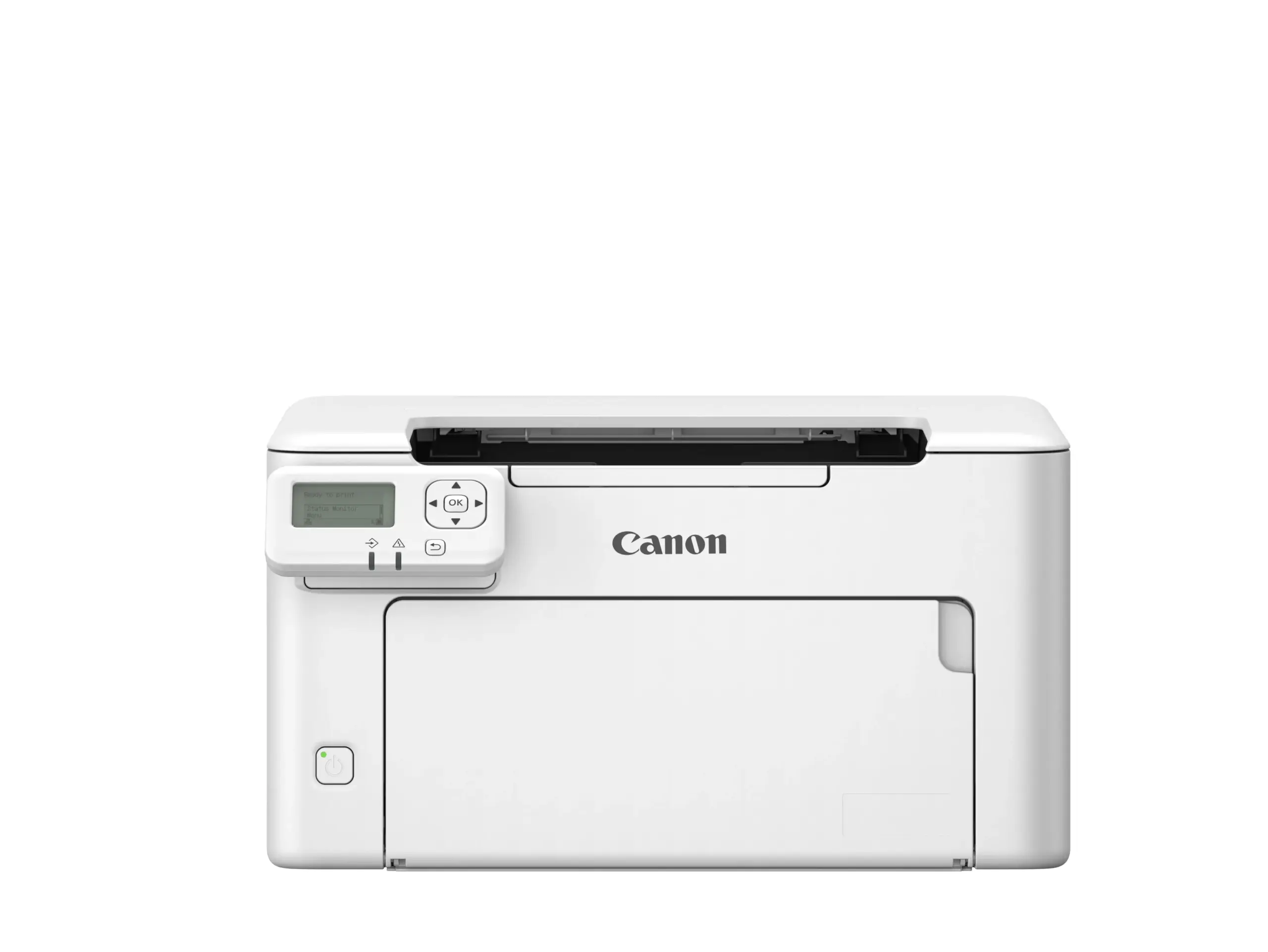 Straight front view of Canon imageCLASS LBP122dw II displaying LCD panel and closed paper tray.