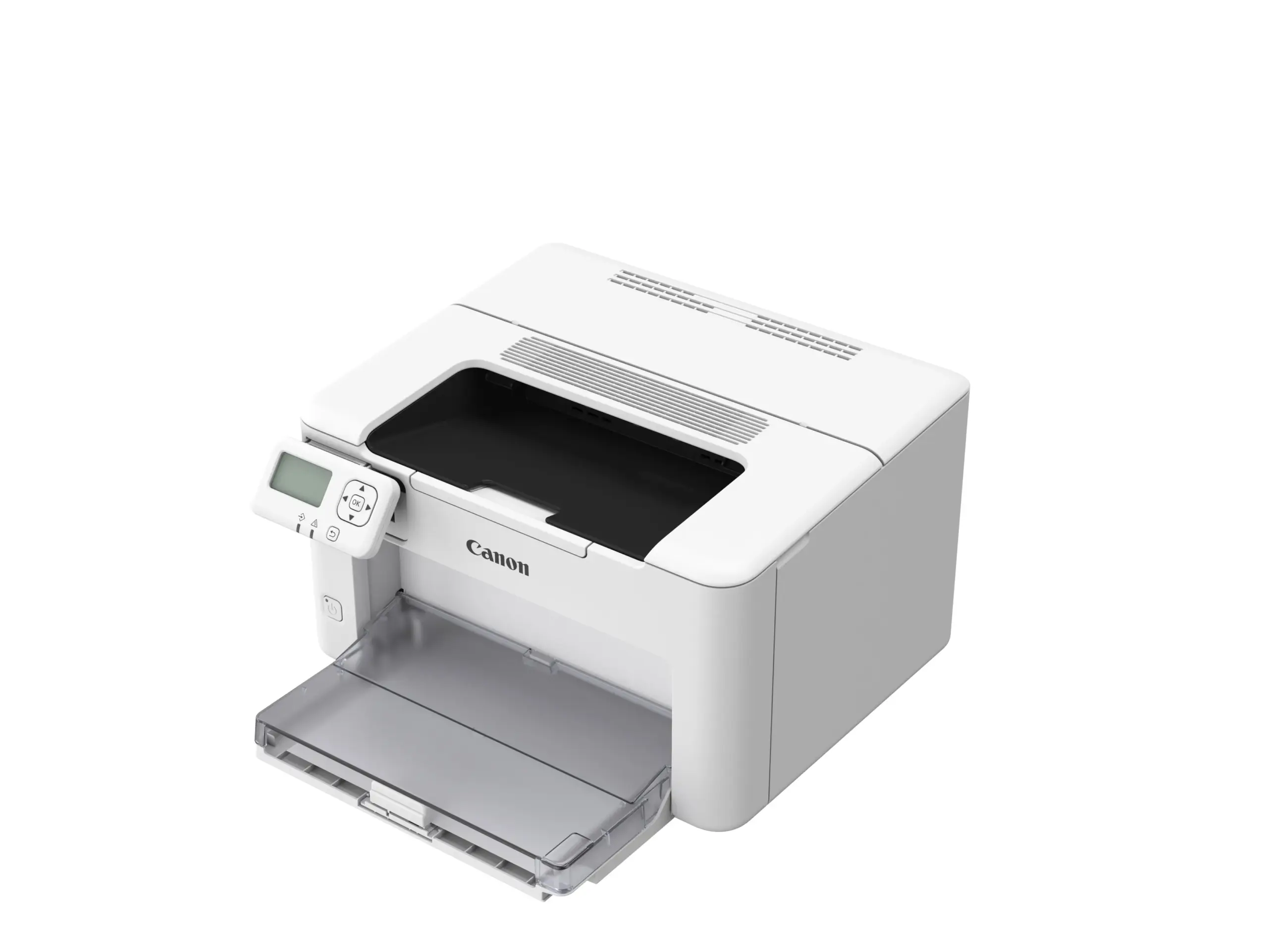 Three-quarter angle view of Canon imageCLASS LBP122dw II printer showing the open input paper tray.
