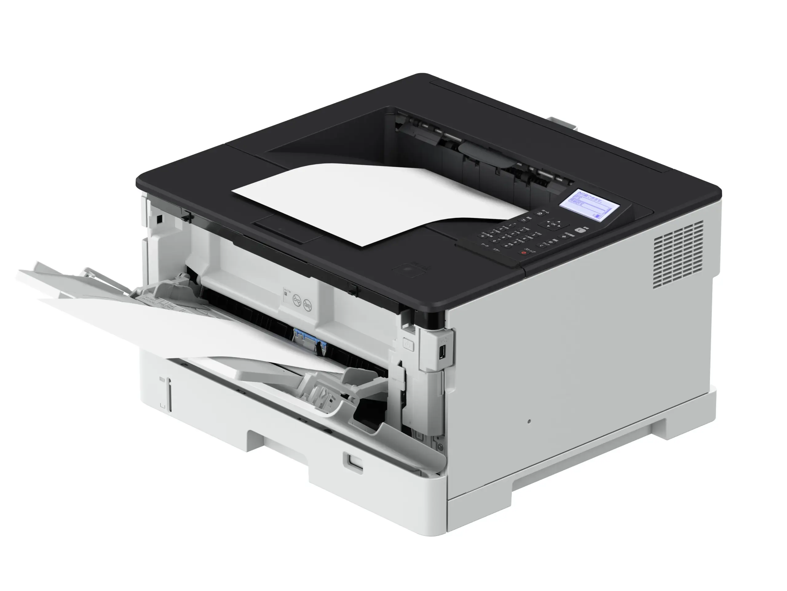 Elevated three-quarter view of the Canon imageCLASS LBP456w loaded with document paper in output tray