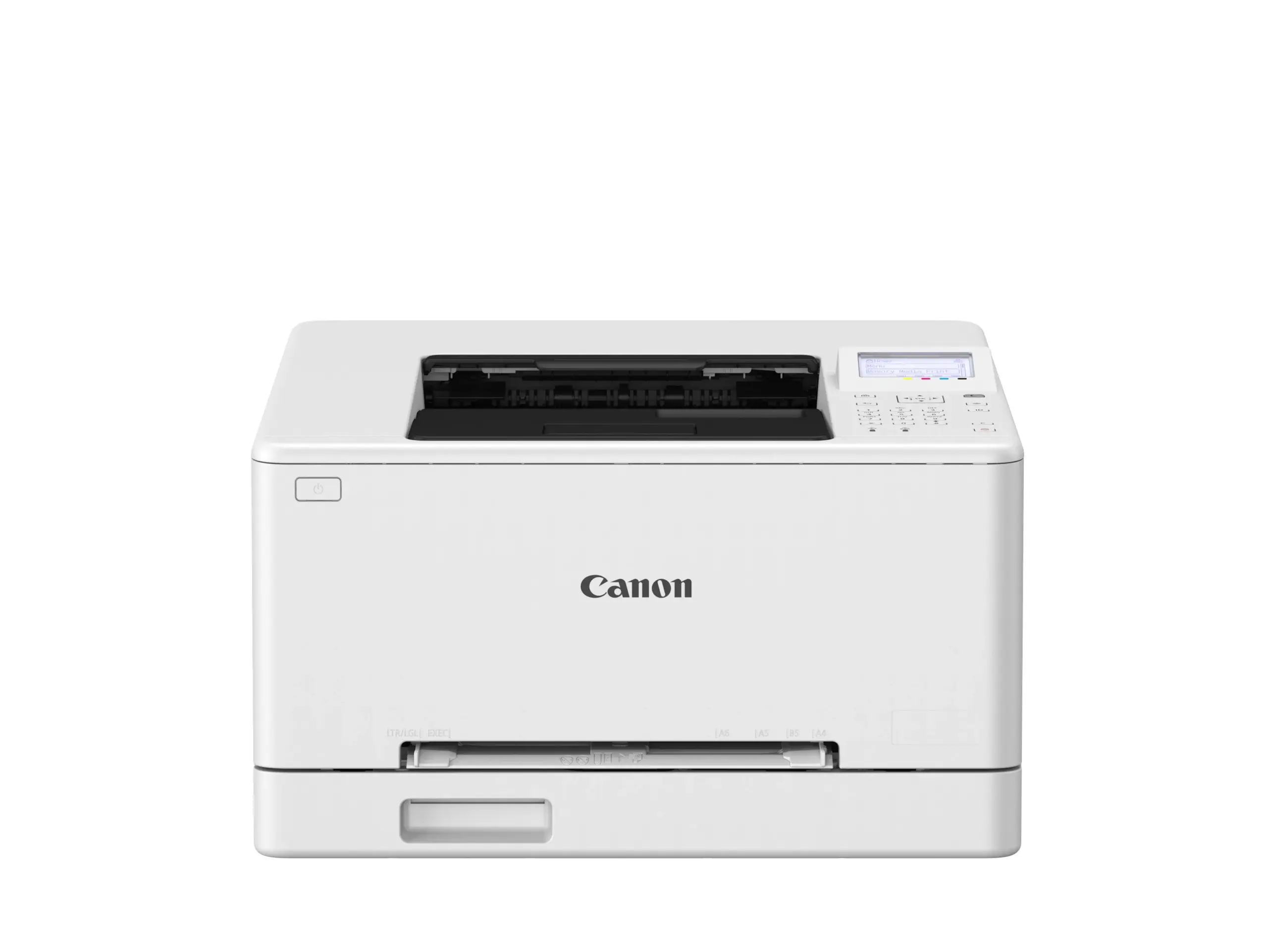 Frontal view of the Canon imageCLASS LBP646Cdw printer showing paper output tray and front cassette.