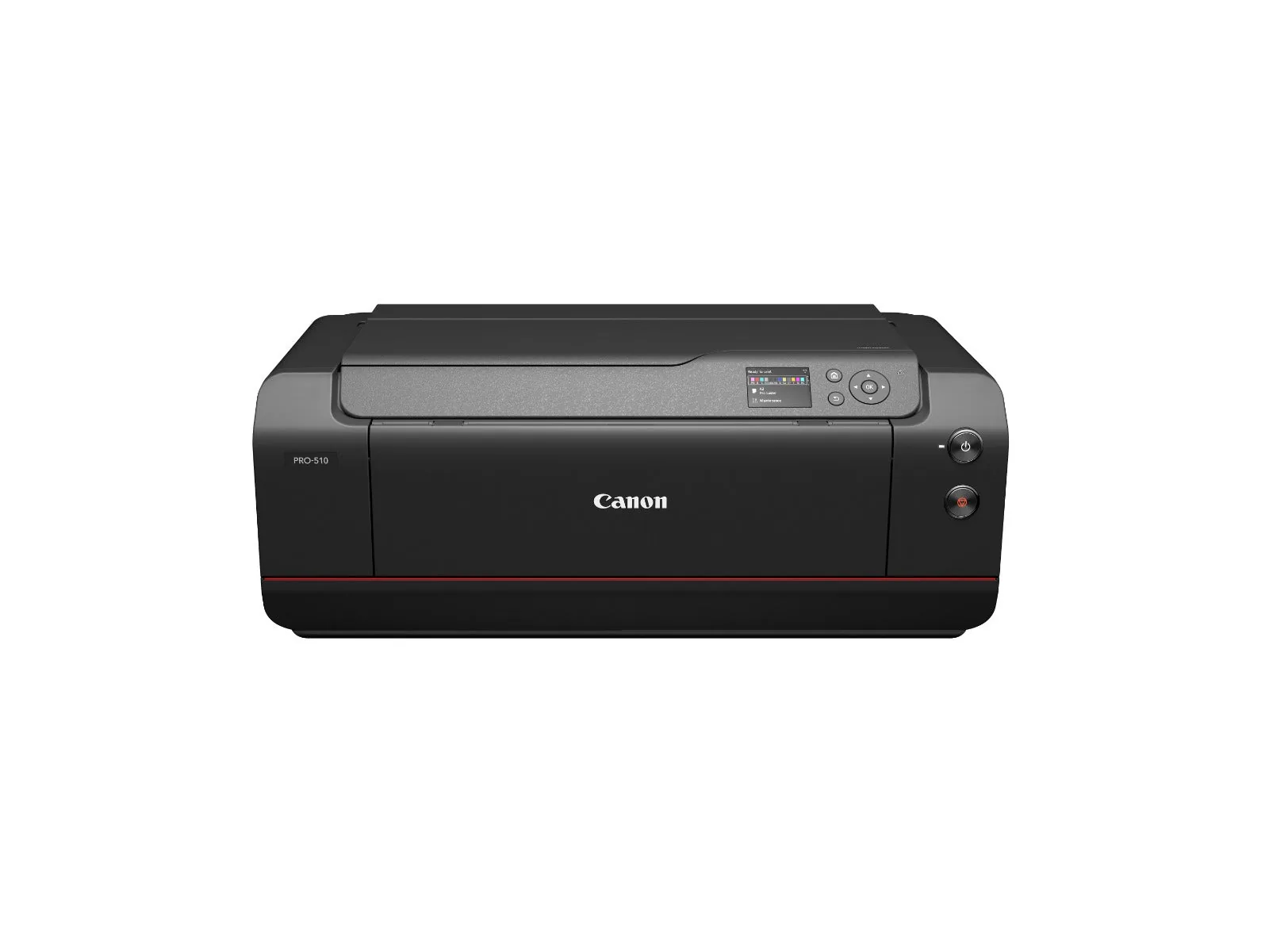 Front view of the Canon imagePROGRAF PRO-510 professional photo printer showing output tray and control panel