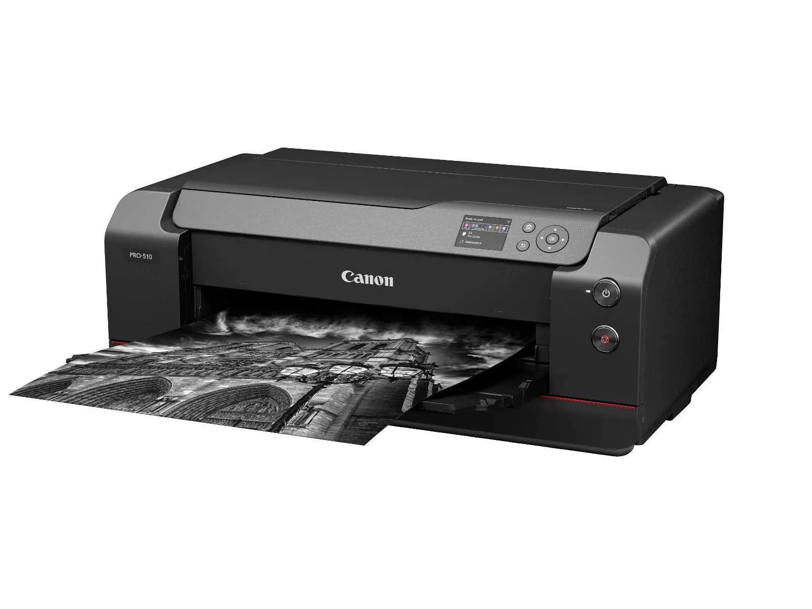 Side profile of Canon imagePROGRAF PRO-510 printer with top paper feed tray open and loaded