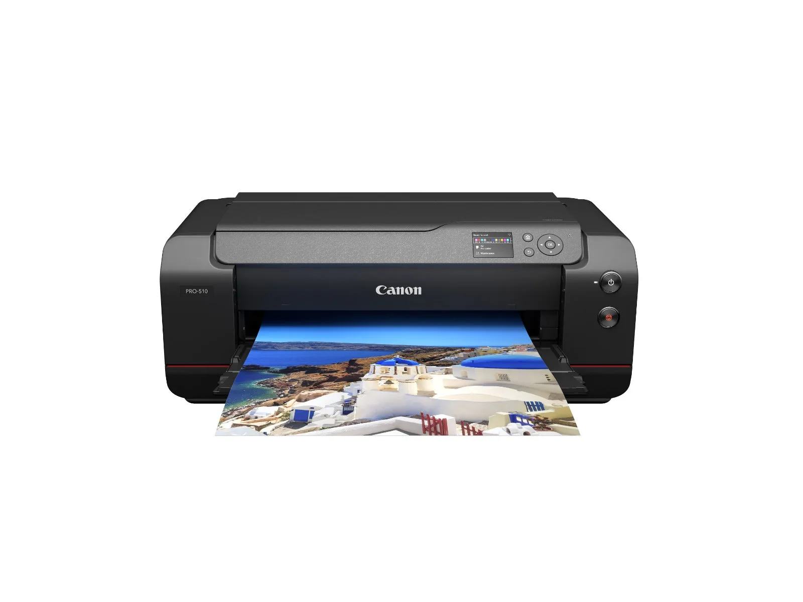 Front view of Canon imagePROGRAF PRO-510 photo printer displaying an extended output tray with printed media