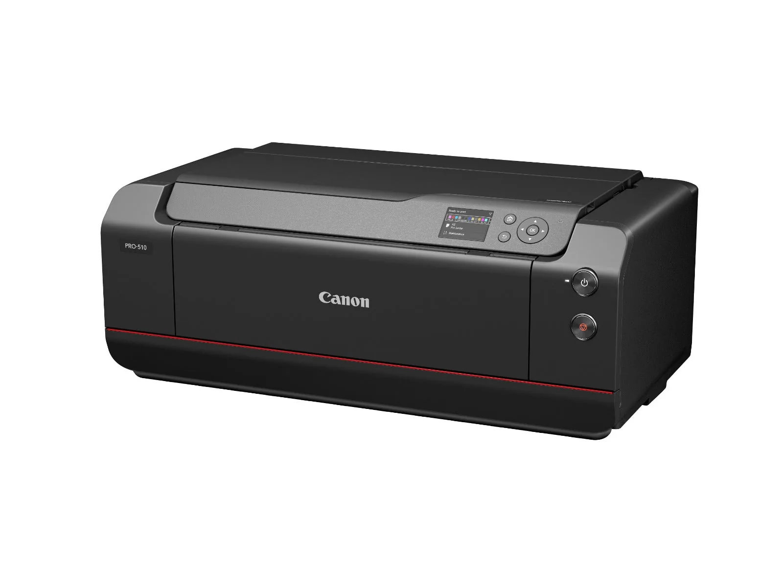 Angled side view of the Canon imagePROGRAF PRO-510 desktop photo printer showing exterior chassis