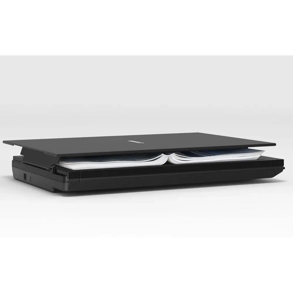 Canon CanoScan LiDE 300 scanner with Z-lid raised, scanning an open book