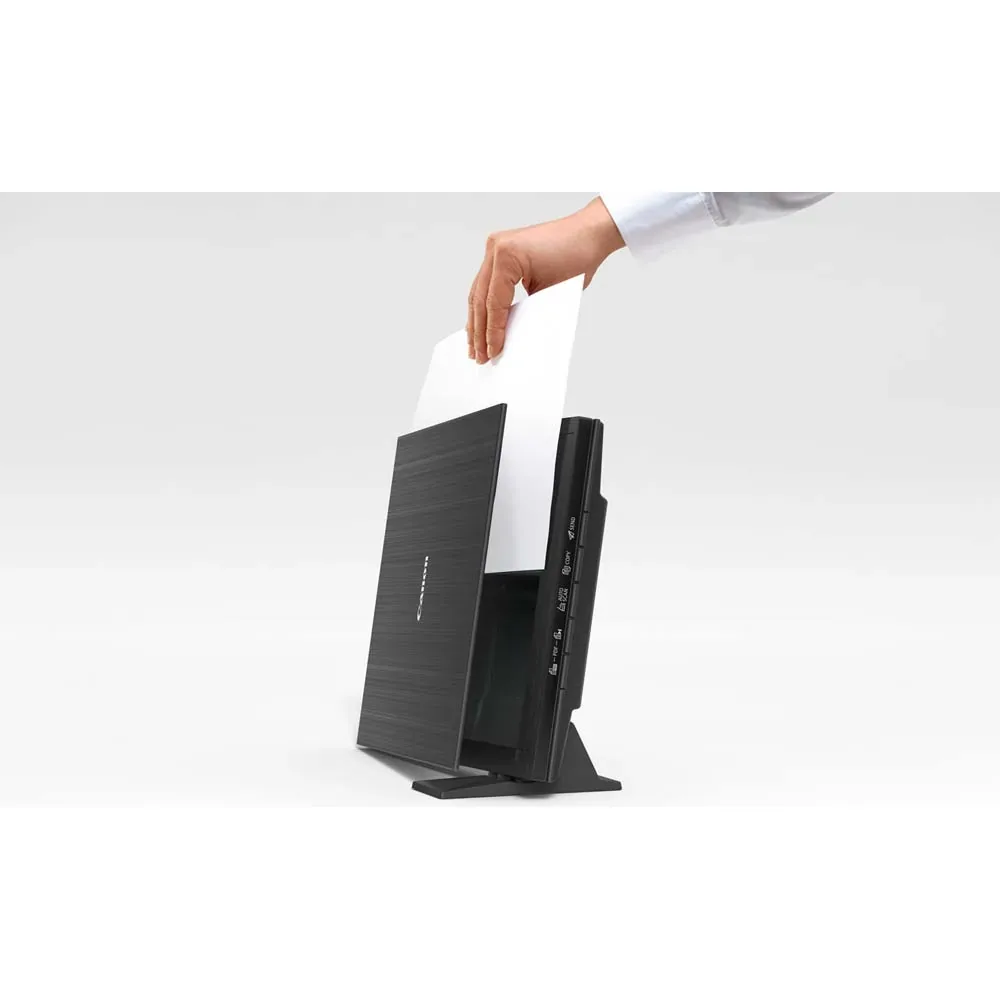 Canon CanoScan LiDE 400 scanner mounted upright on its stand while scanning a sheet