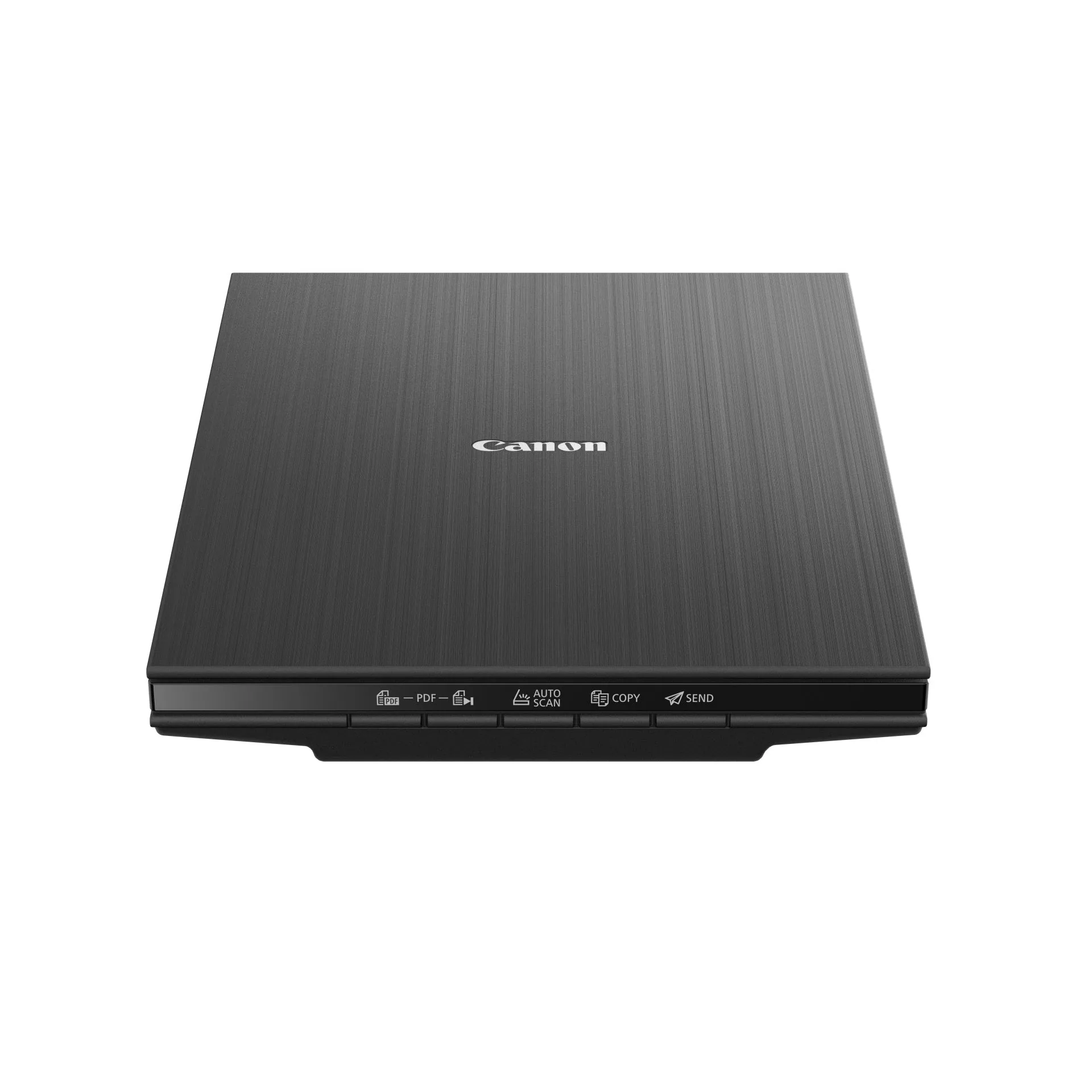 Canon CanoScan LiDE 400 flatbed scanner, lid closed, front three-quarter view on white background