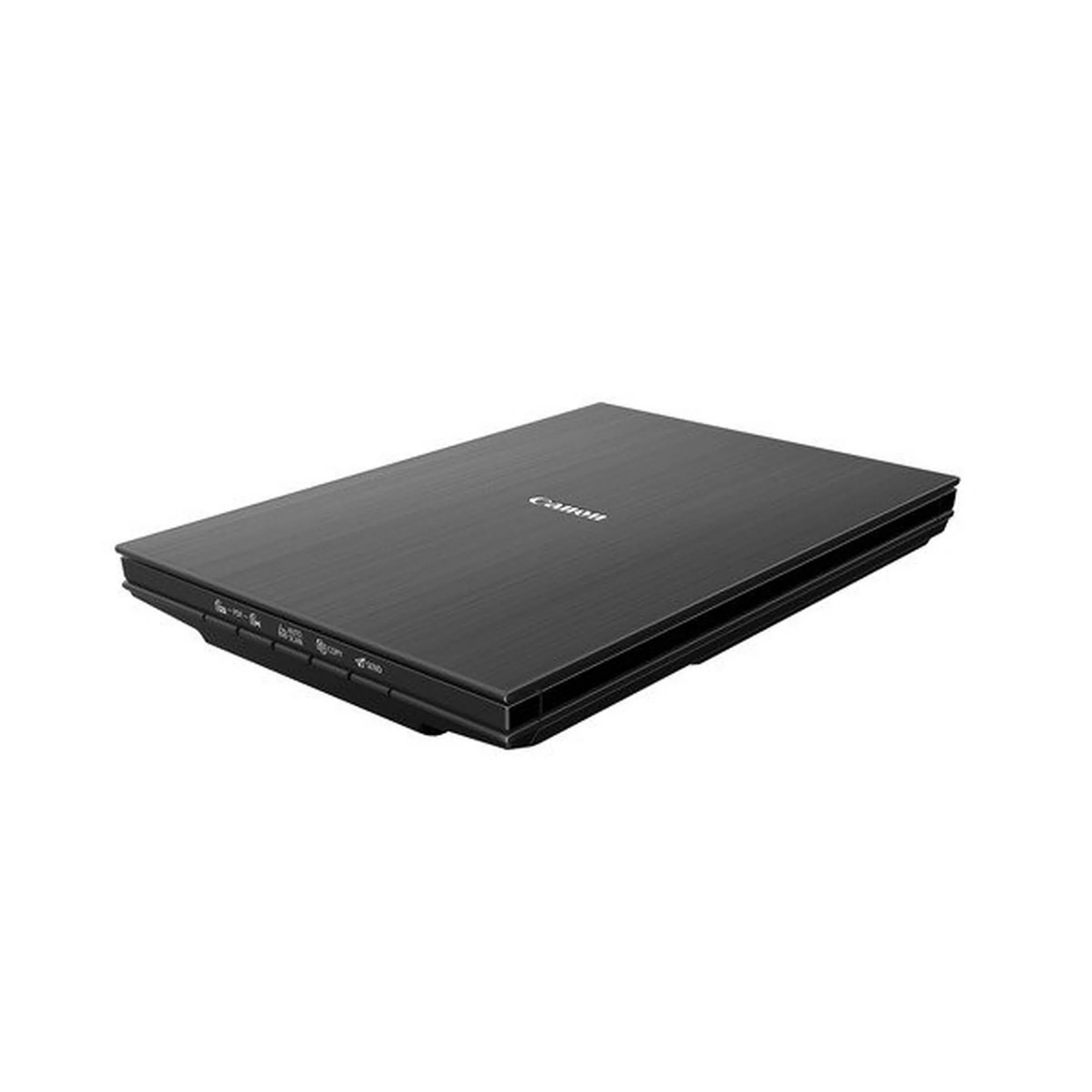 Canon CanoScan LiDE 400 flatbed scanner in side profile, brushed metal lid closed