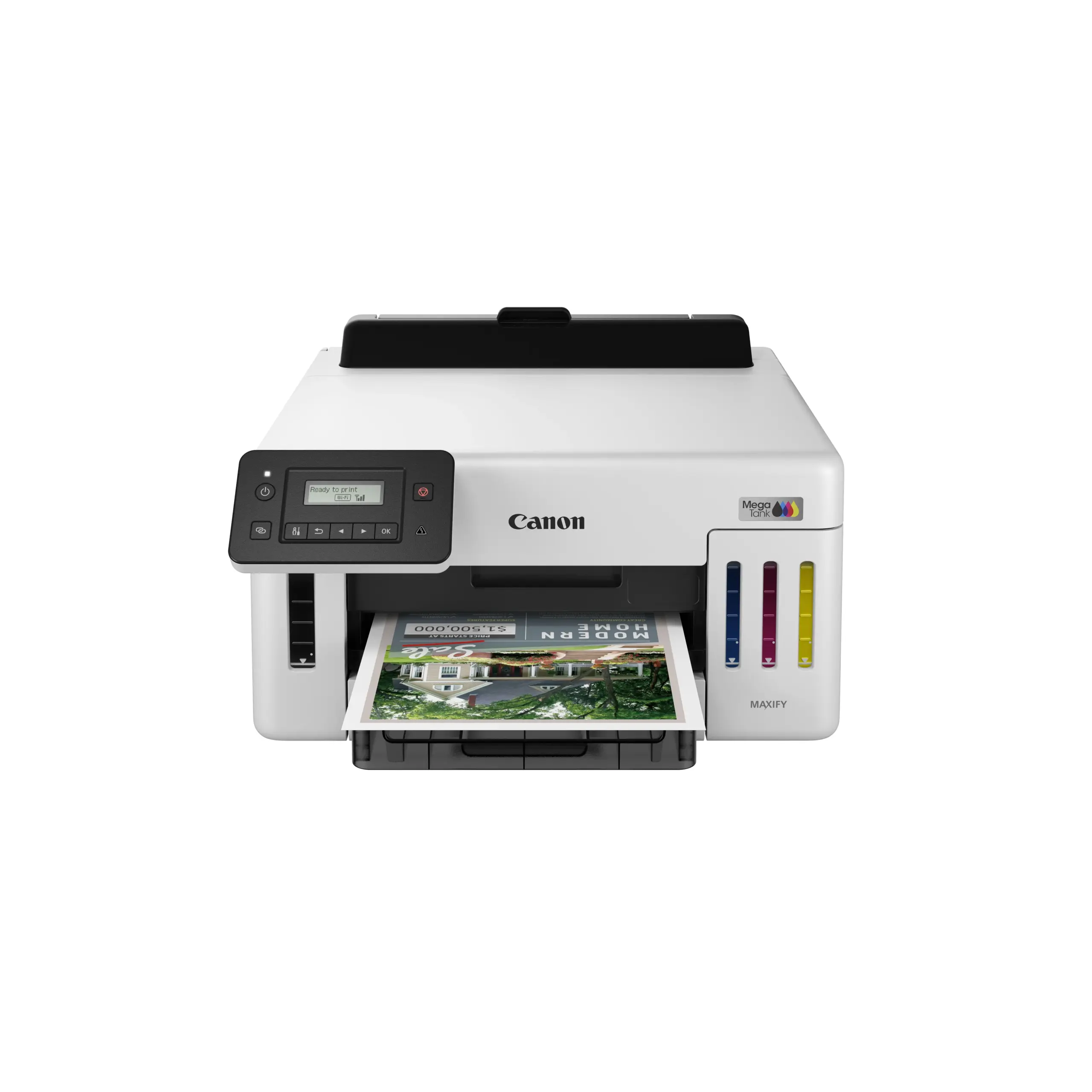 Canon MAXIFY GX5170 ink tank printer from the front with a printed page in the output tray