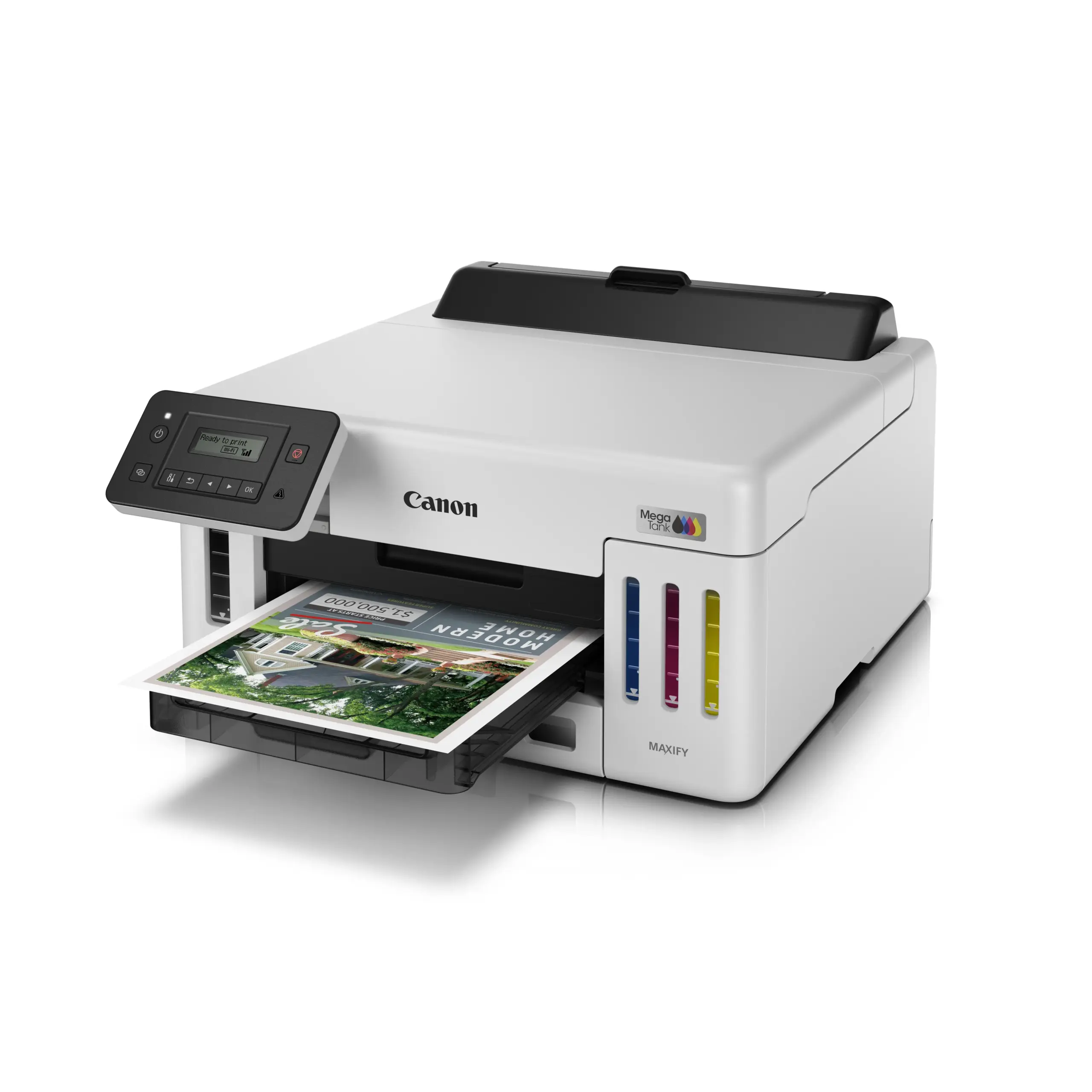 Canon MAXIFY GX5170 at an angle with a colour photo page in the output tray