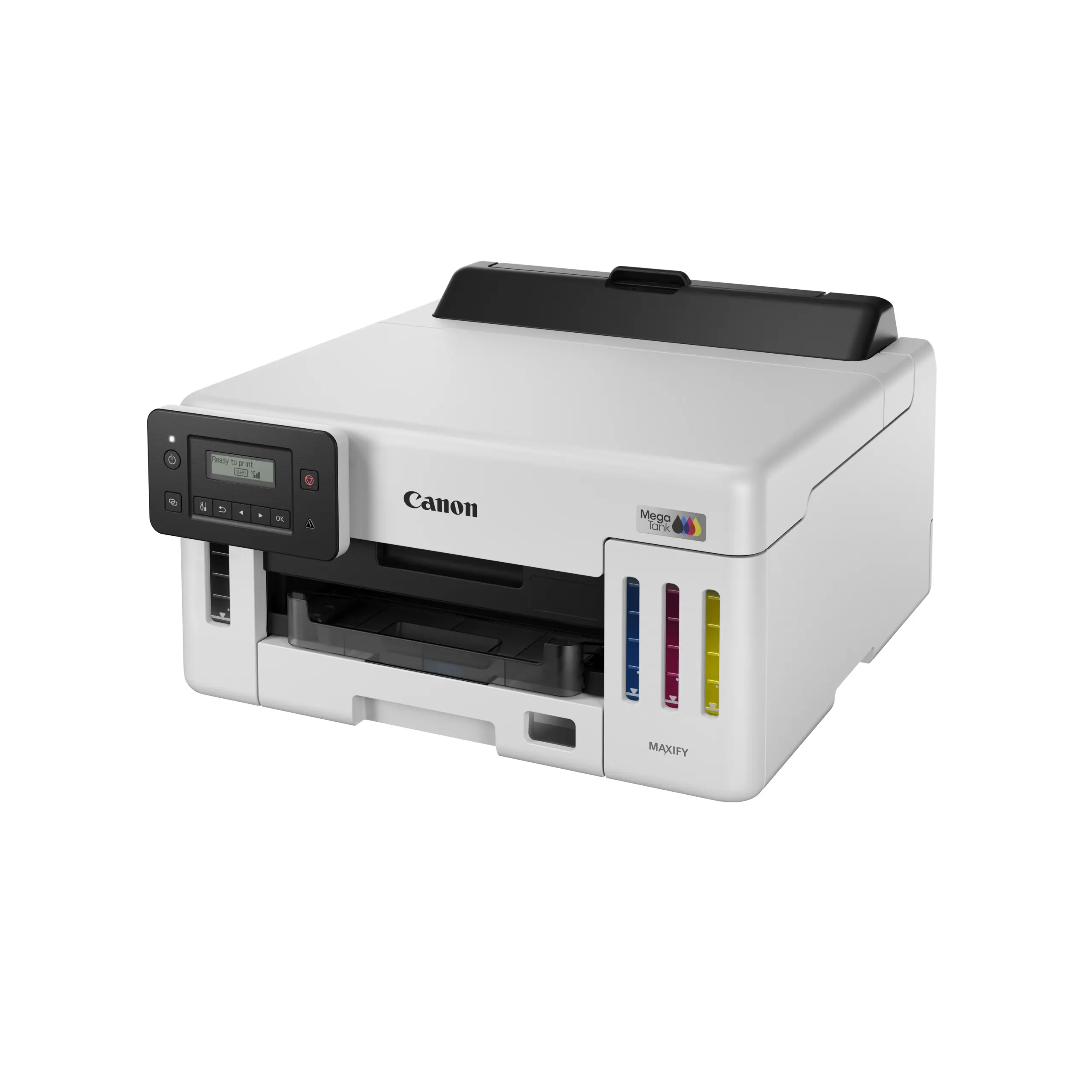 Canon MAXIFY GX5170 ink tank printer at an angle showing the control panel and ink tanks