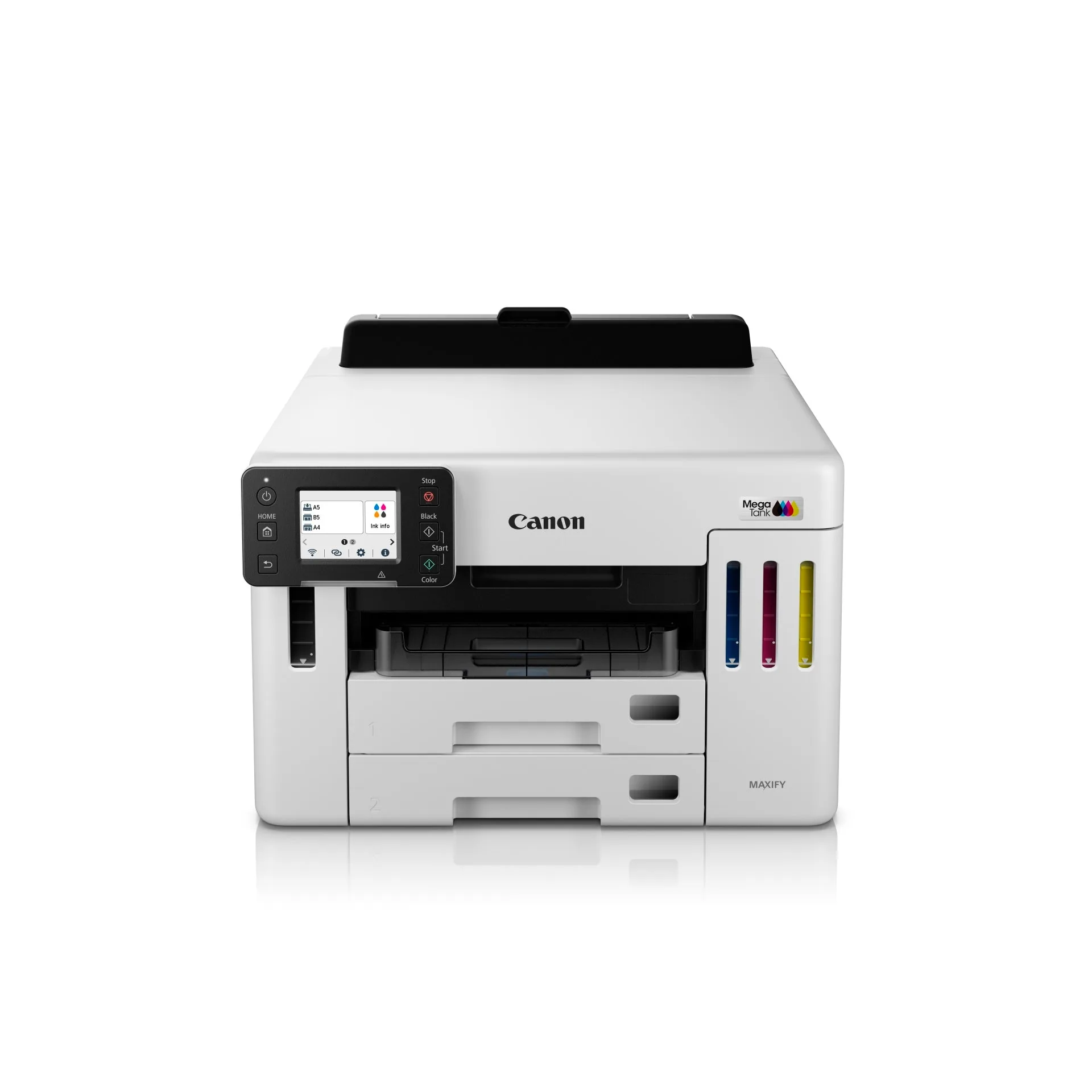 Front view of the Canon MAXIFY GX5570 business inkjet printer with paper cassettes and touchscreen.