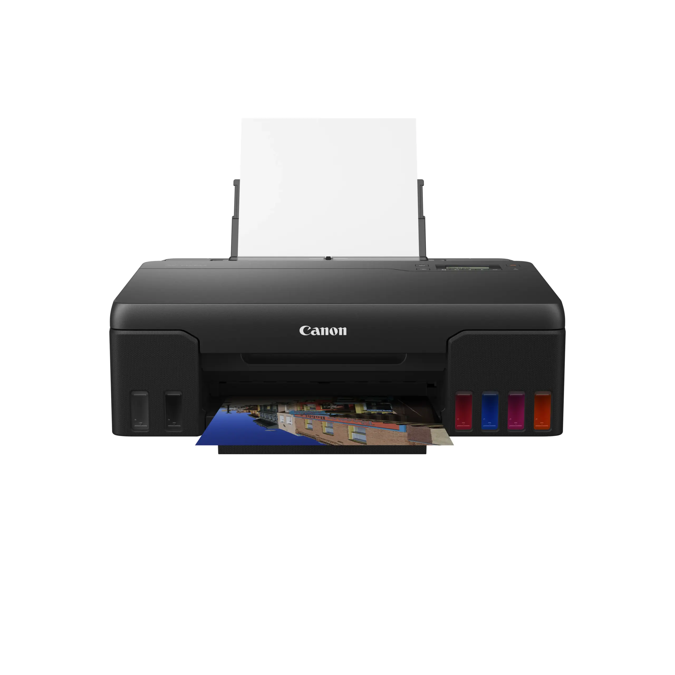 Canon PIXMA G570 photo ink tank printer from the front with a photo printing