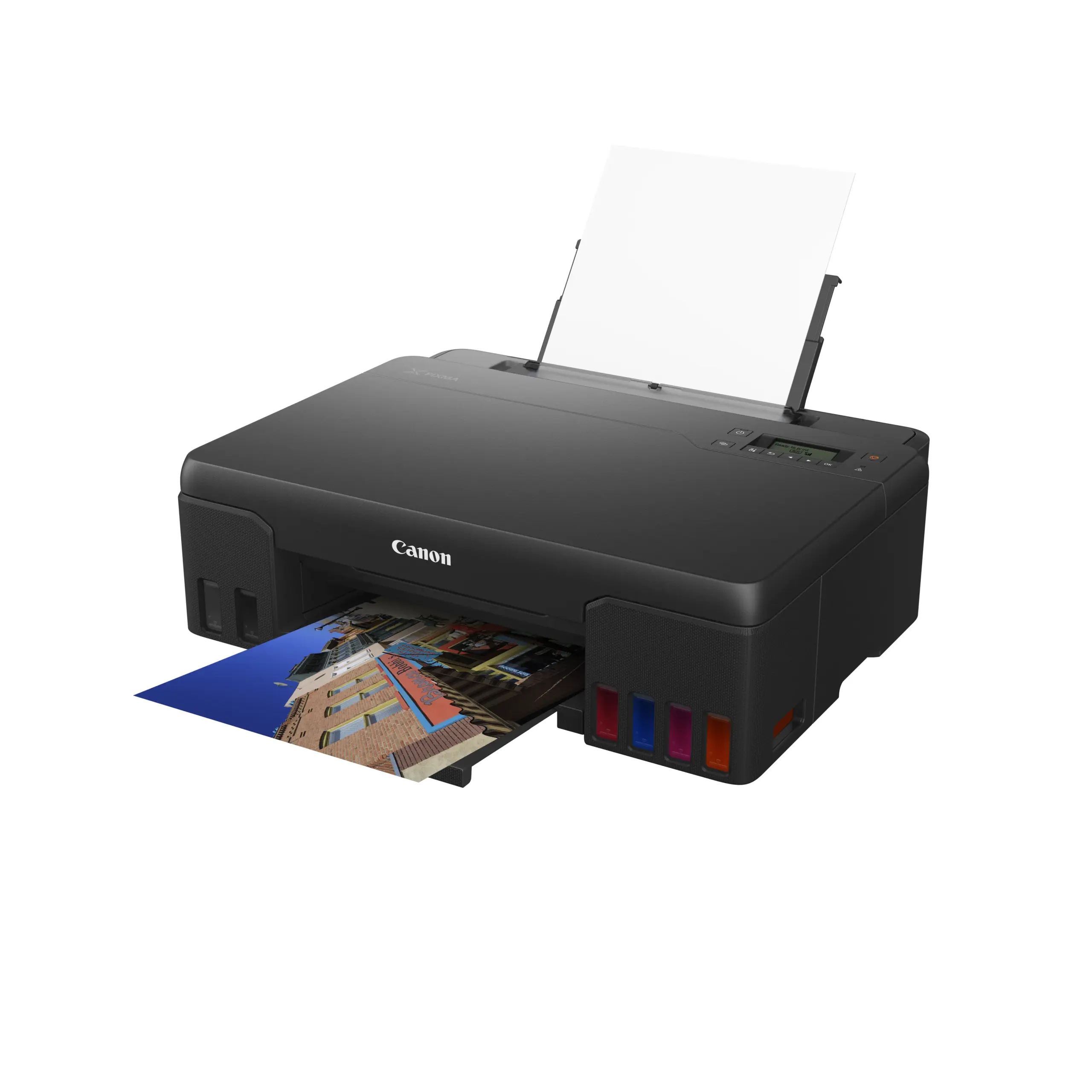 Canon PIXMA G570 at an angle with paper loaded and a colour photo printing
