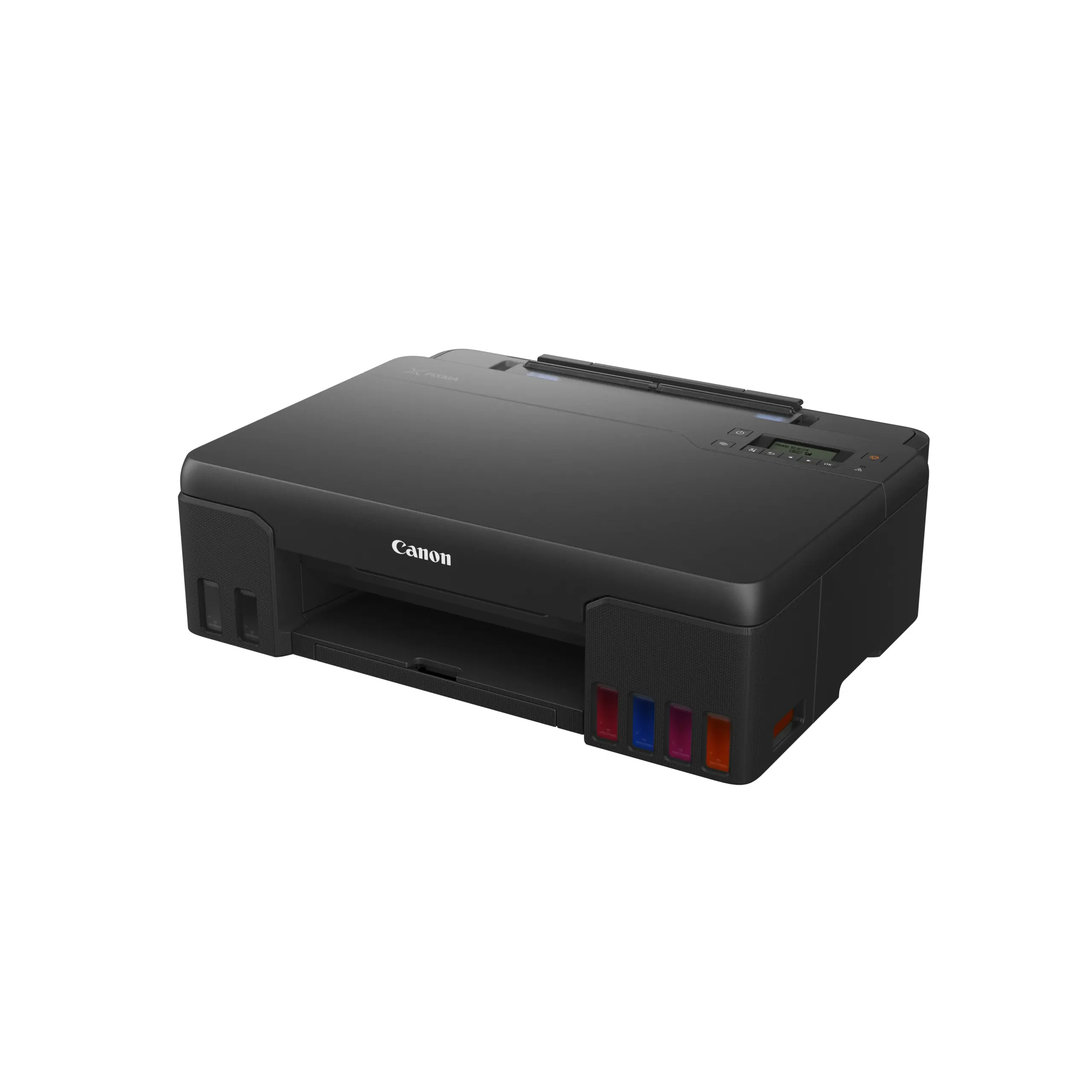 Canon PIXMA G570 photo ink tank printer at an angle, closed, showing six ink tanks