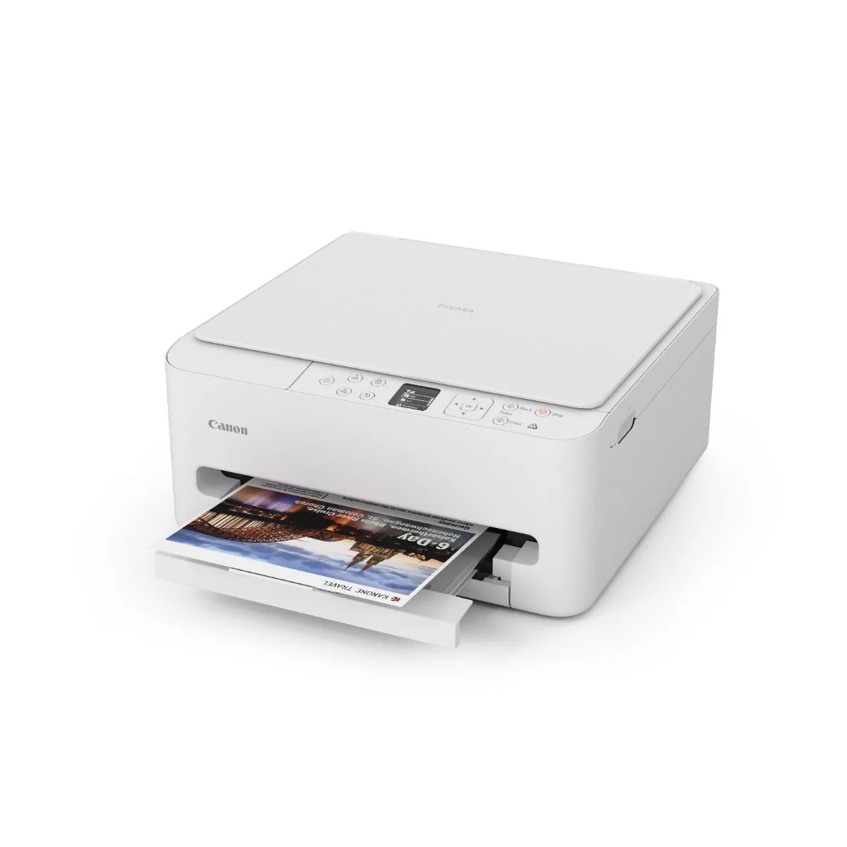 Angled view of Canon PIXMA TS5570 printer showing printed colour document on extended paper tray.