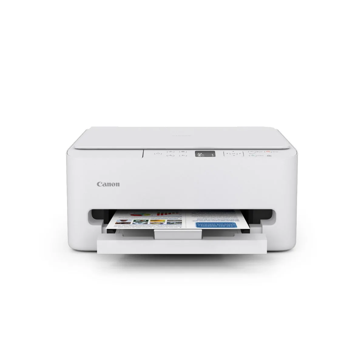 Front view of Canon PIXMA TS5570 printer displaying a finished printout resting in output tray.
