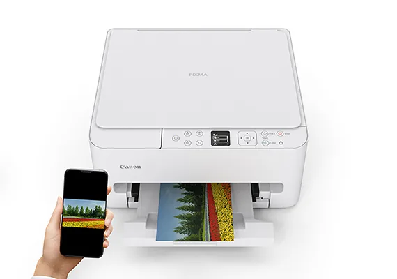Mobile printing demonstration showing wireless smartphone connectivity with the Canon PIXMA TS5570 printer.